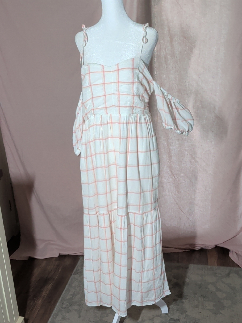 Universal Thread Cream Maxi Dress with Peach Grid